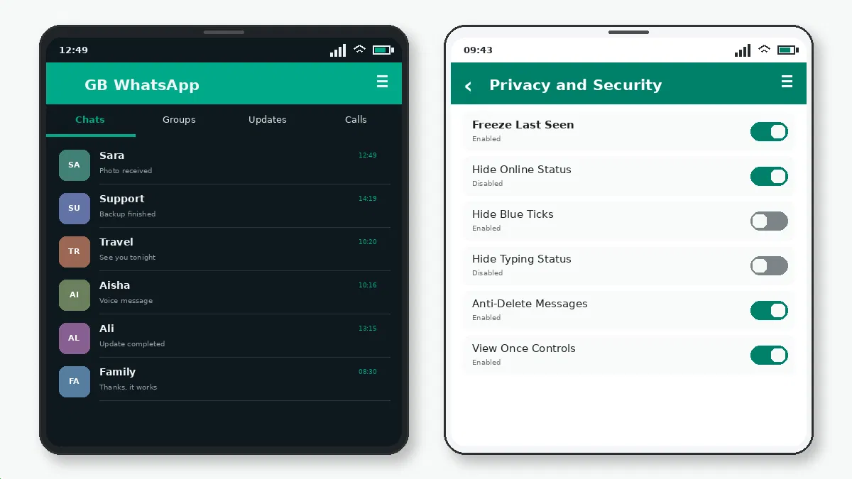 Visual guide for gb whatsapp dark mode and theme settings.