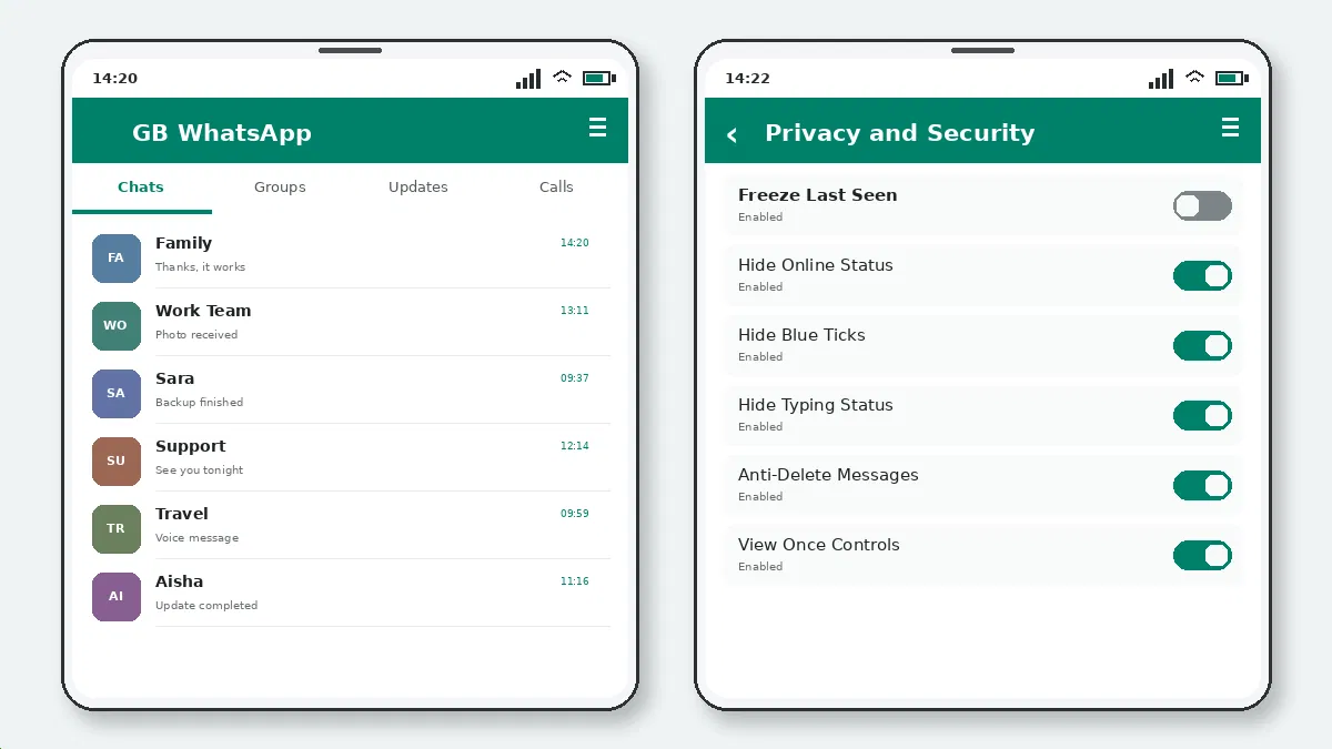 Visual guide for how to lock individual chats in gb whatsapp.